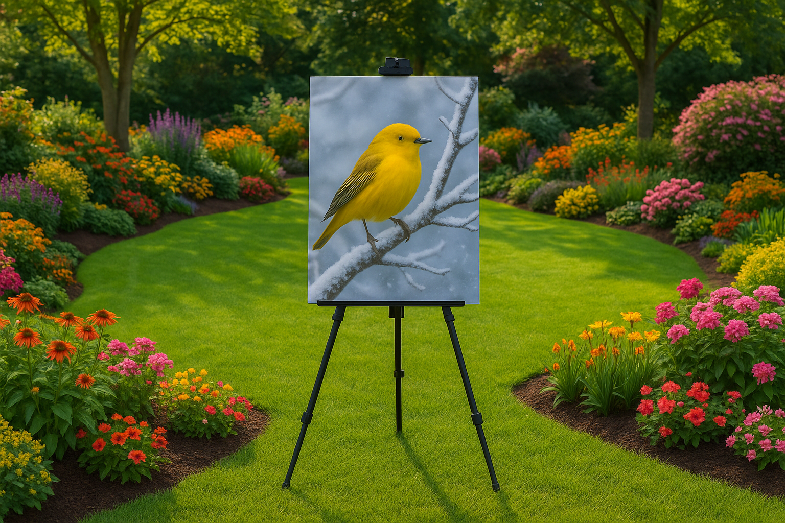 A lively Natural beautiful landscaped yard, with a single Artwork poster, sitting on a tripod art display. The poster should be a portrait of a beautiful yellow bird sitting on a snowy tree branch. The poster sitting on the landscaped lawn should be 20x30.