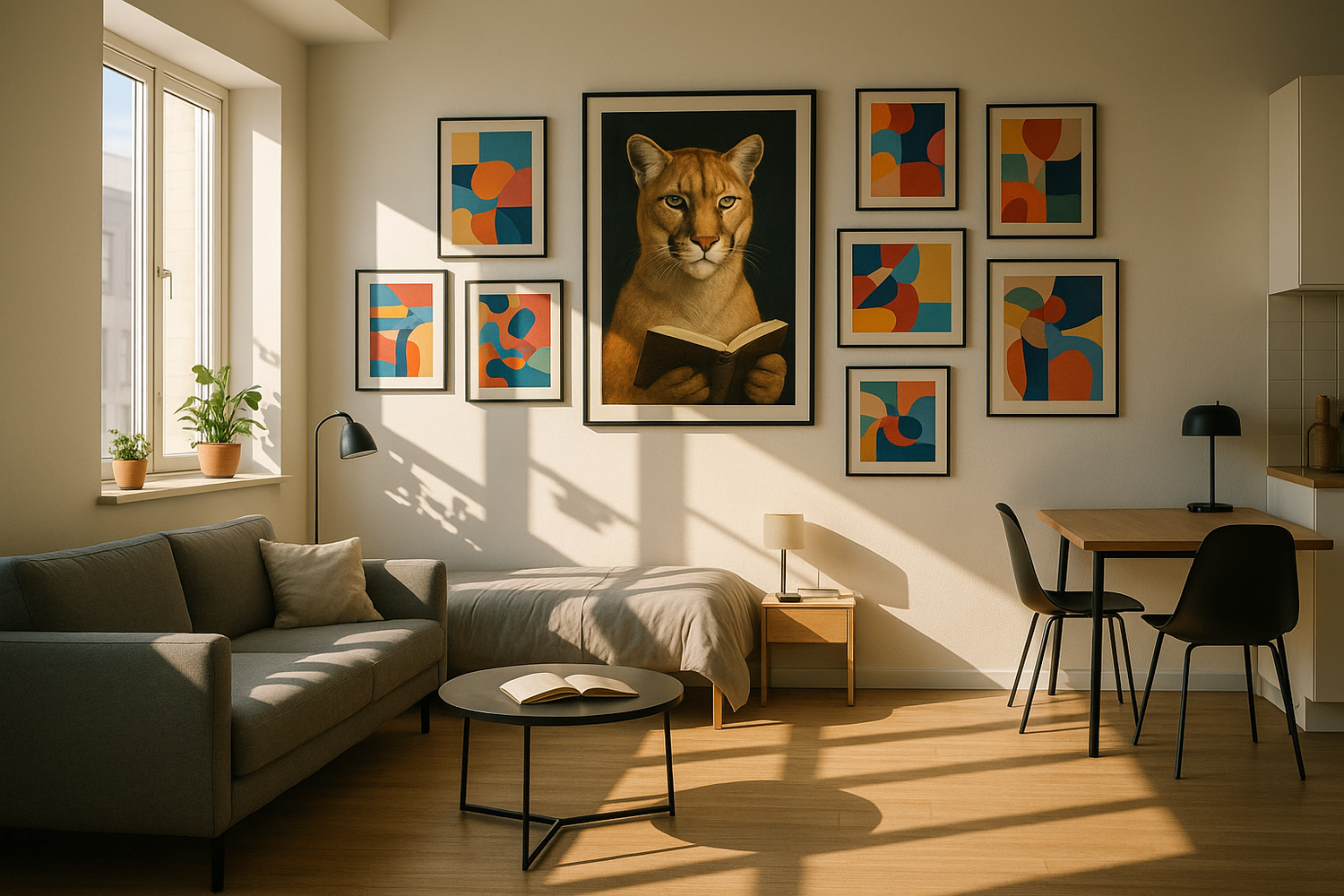 A cool well lit, studio apartment, with a wall covered with various abstract artwork. However, the main focus is this center piece 20x30 poster of a cougar holding up a book. 2pm sunny.