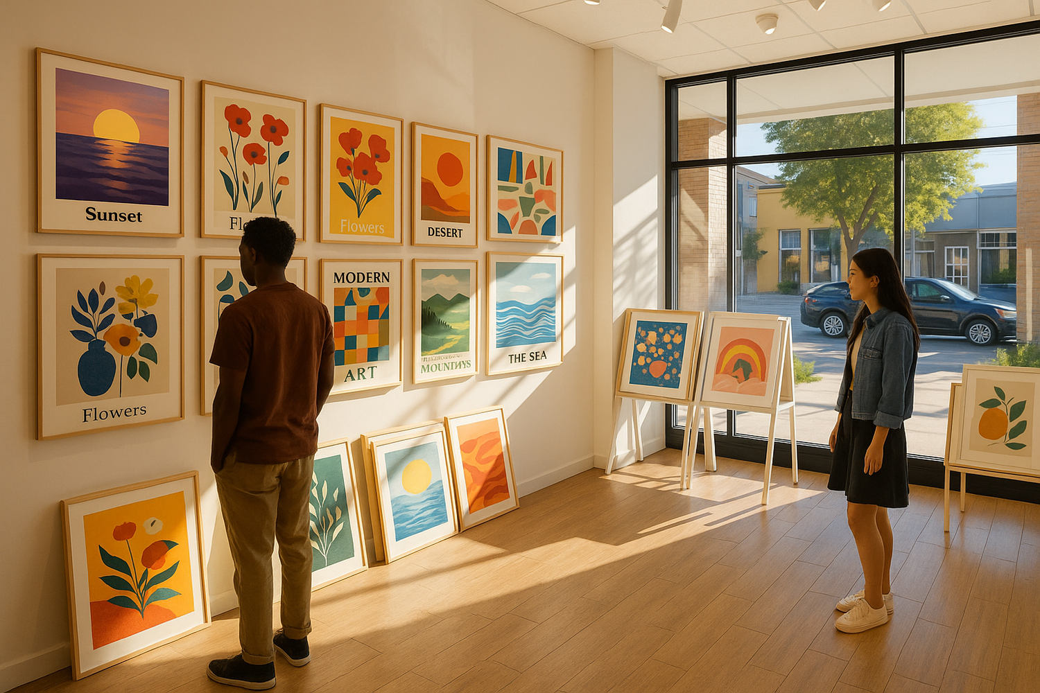Create an image of a cool friendly looking art poster store. Sunny Bright 2pm day. The poster shop showroom floor is empty, besides to customers, whom are a black young man, and a Asian young women. Natural sunlight through the store front. 