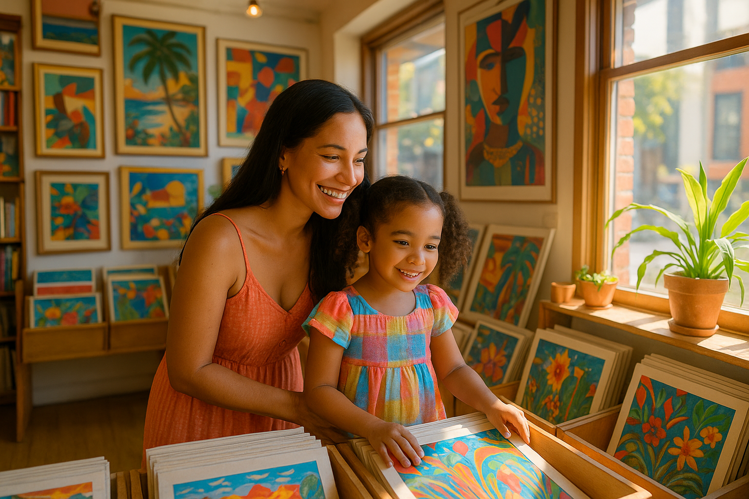 Create an image of a cute Puerto Rican mother and young daughter duo. The daughter and mother are smiling and shopping a local poster shop, with a wide selection. Bright sunny 2 Pm day, nice artwork poster store landscape. 