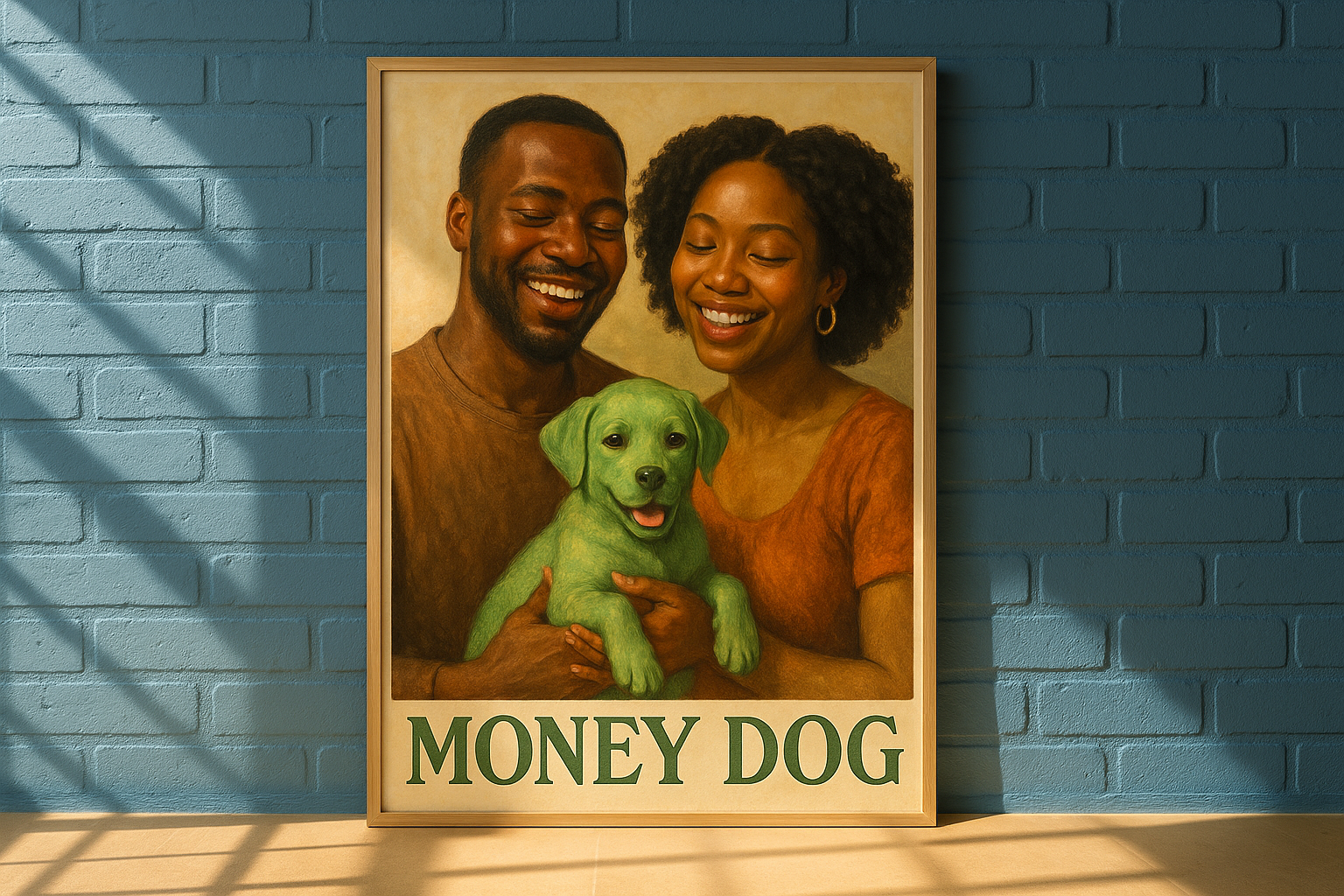 Create an image of a fine artistic poster, hanging up on a blue painted brick wall. The poster should feature a black man and black woman holding a green colored puppy dog, " Money Dog ", and the room should be well lit and sunny. The poster should be hung up on a blue brick wall. The man woman and dog are happy. The poster should be 20x30