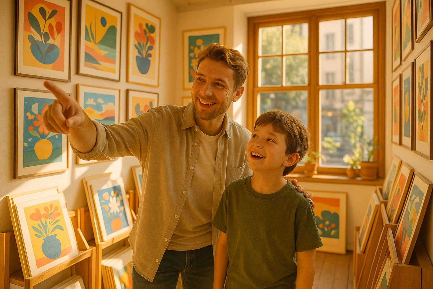 Create an image of a handsome white father and young son duo. The father and son are smiling and shopping at a local poster shop, with a wide selection. Bright sunny 2 Pm day, nice artwork poster store landscape.
